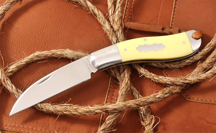 A.G. Russell Sowbelly Wharncliffe folding slip joint knife with Yellow Delrin